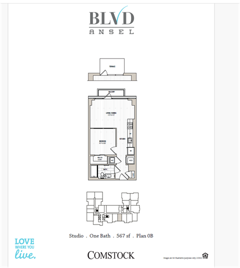 Floor plan for studio, 1 bath, 576 sqft